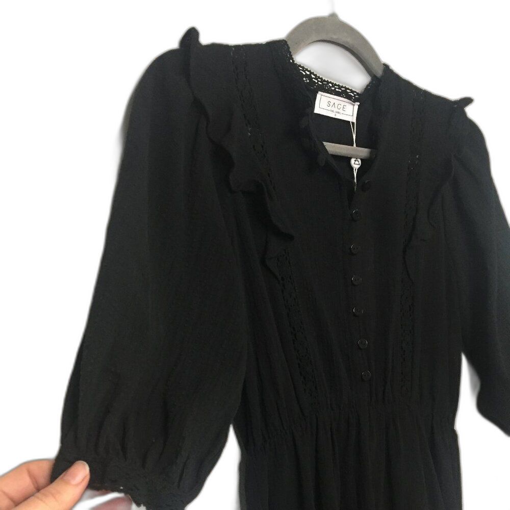 NEW SAGE THE LABEL Peasant Dress in Black | XS